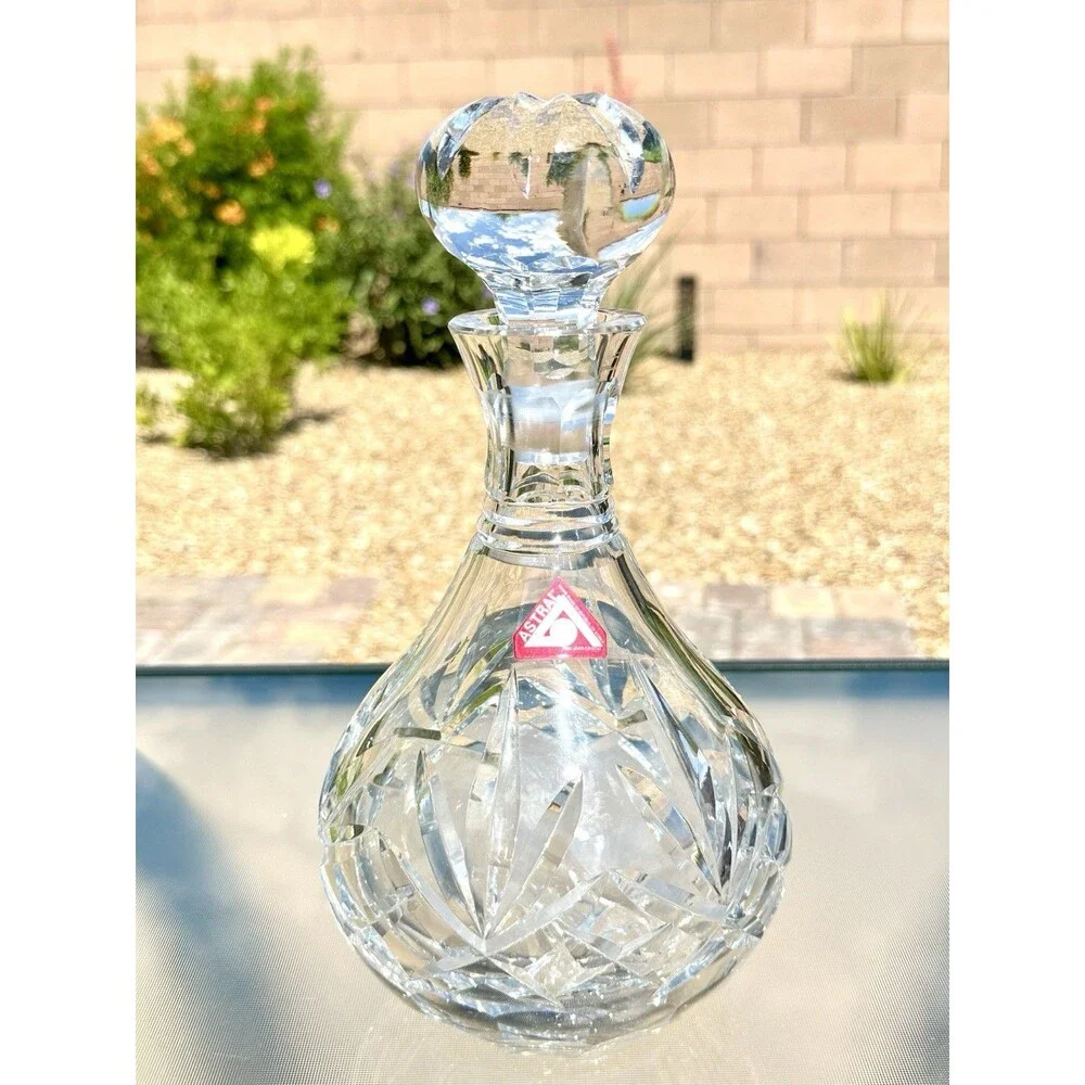 Astral Crystal Decanter Cut Glass Starburst Pattern w Stopper Vintage Barware
